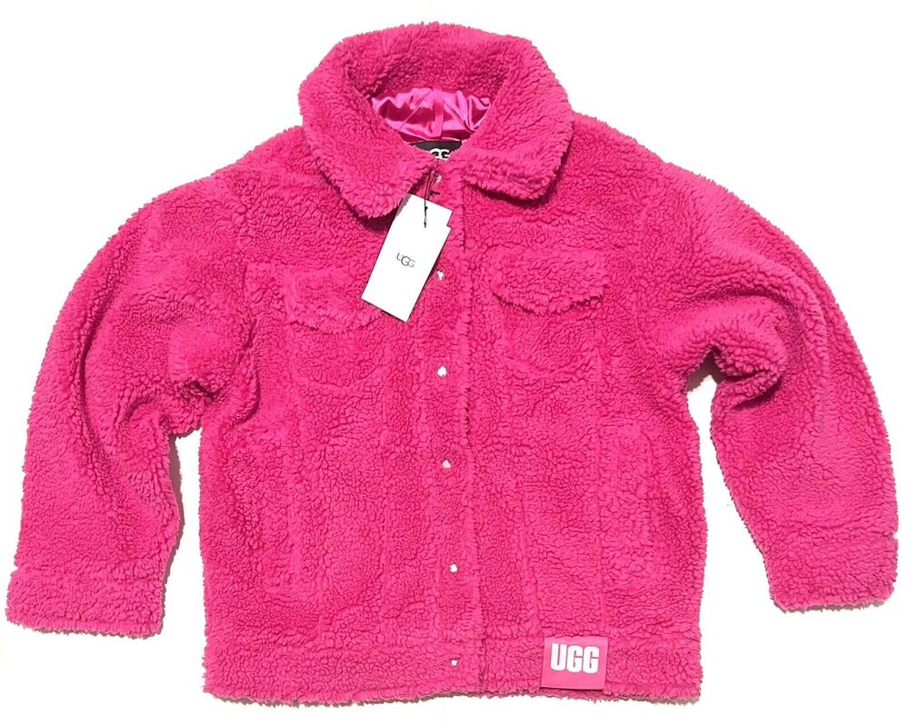 UGG Australia Frankie Plush Sherpa Fleece Trucker Jacket Sz XL Solferino Ht Pnk